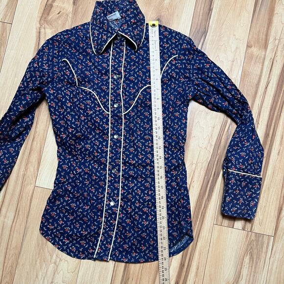 VINTAGE 70s Western Pearl Snap Womens Size 0 Blue Floral Cowgirl Hippie Retro - Picture 8 of 8